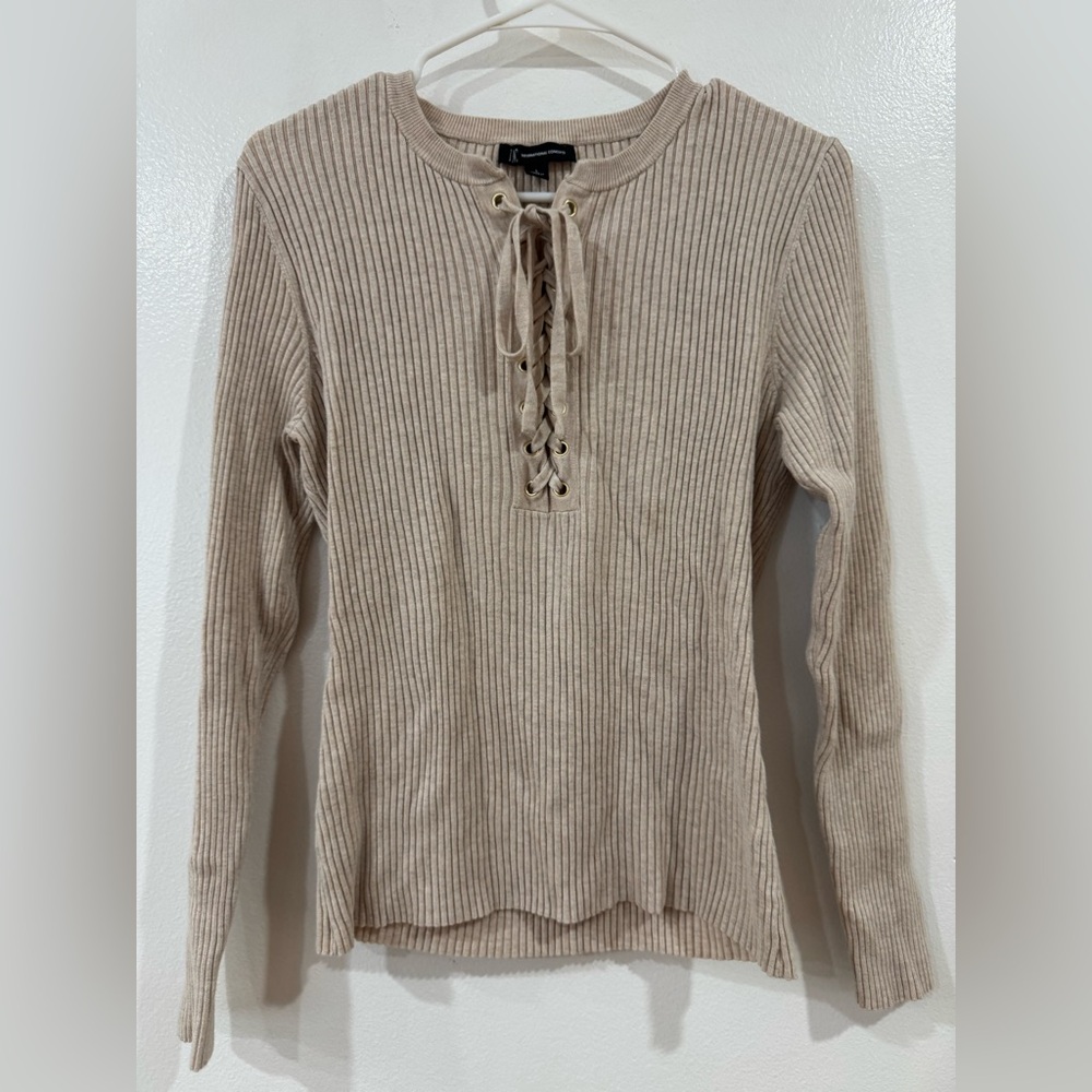 INC International Concepts Tan Lace-Up Ribbed Top